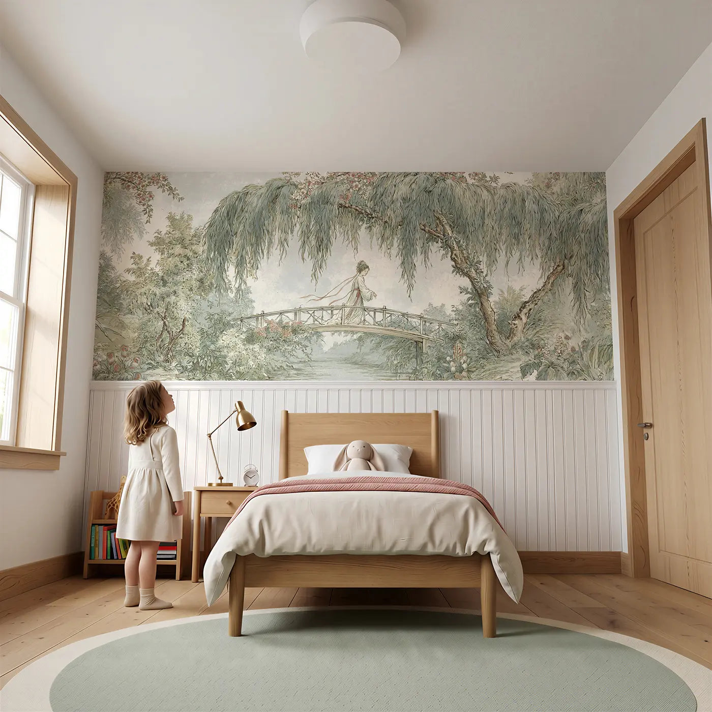 Child reading near Princess Willow Bridge Scene Wainscoting Wallpaper by Whimsy Tots