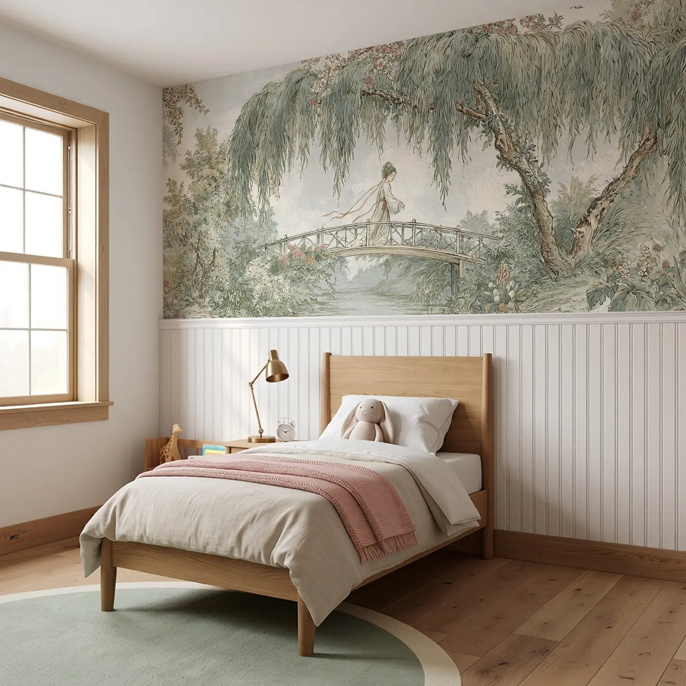 Princess Willow Bridge Scene Wainscoting Wallpaper styled in a kids bedroom by Whimsy Tots