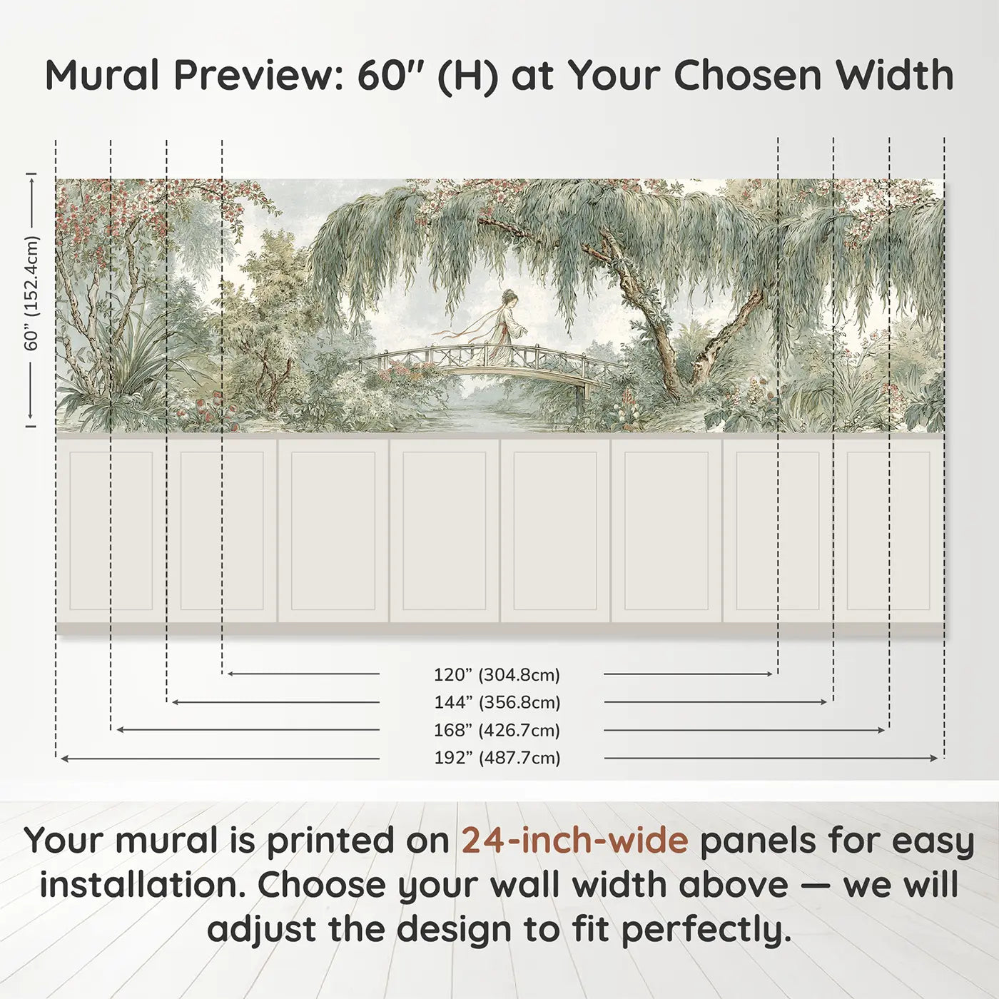 Panel dimensions for Princess Willow Bridge Scene Wainscoting Wallpaper by Whimsy Tots