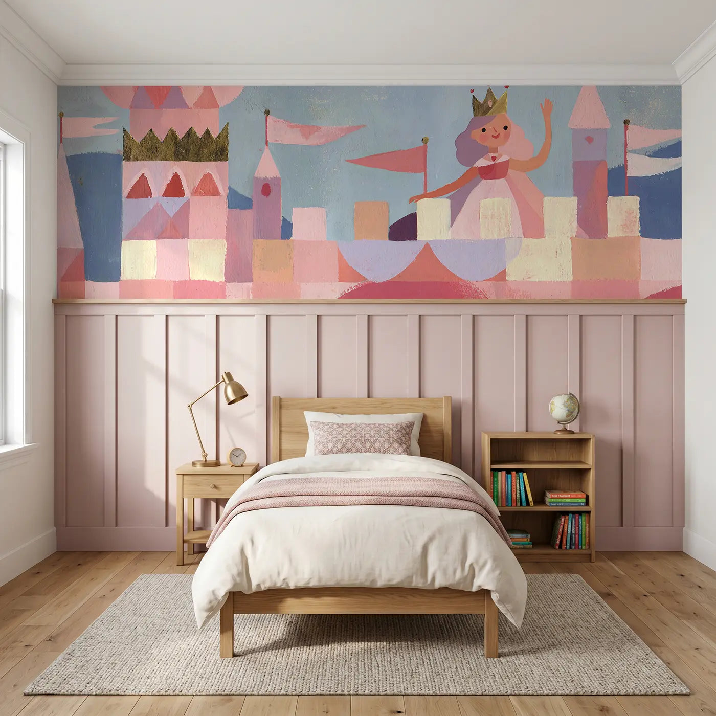 Modern Illustration princess castle flag wainscoting wallpaper for bedroom by Whimsy Tots