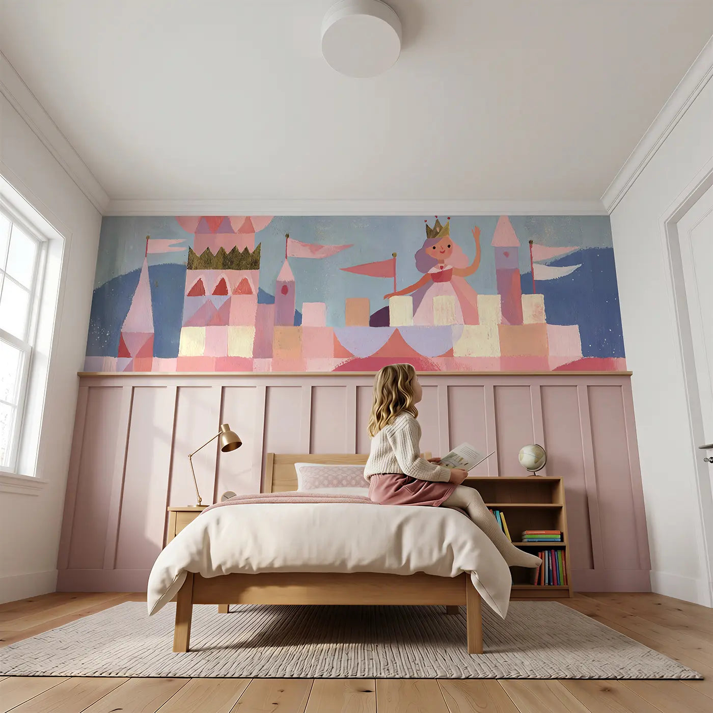 Child reading near Graphic Princess Castle Flag Wainscoting Wallpaper by Whimsy Tots