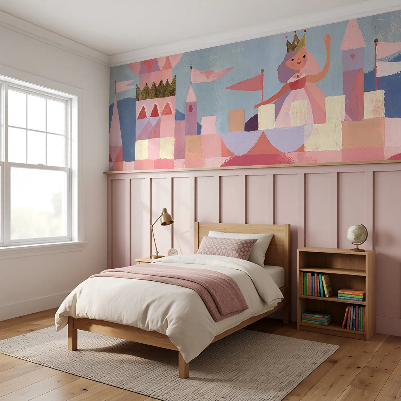 Graphic Princess Castle Flag Wainscoting Wallpaper styled in a kids bedroom by Whimsy Tots