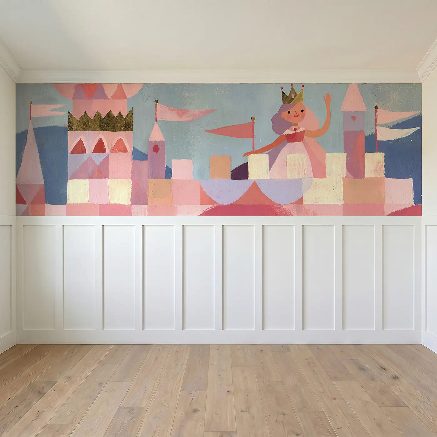 Full panel view of Graphic Princess Castle Flag Wainscoting Wallpaper by Whimsy Tots
