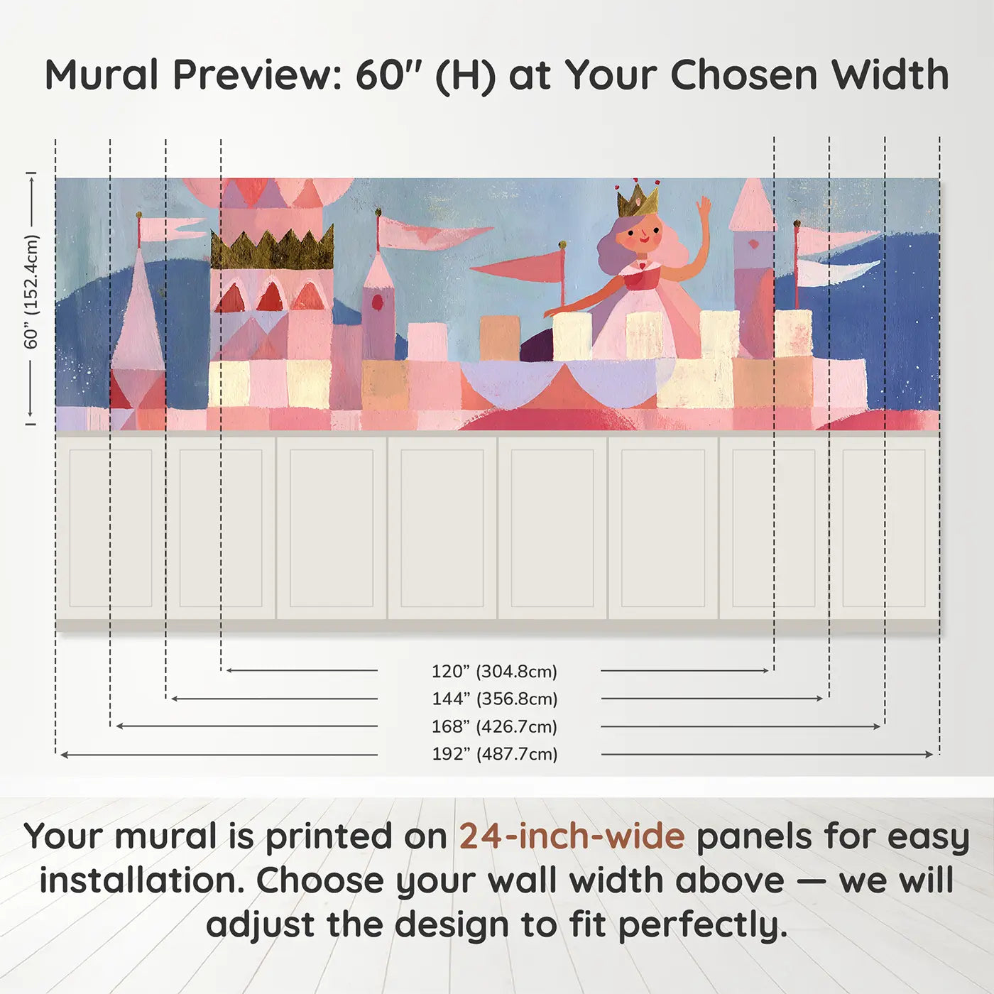 Panel dimensions for Graphic Princess Castle Flag Wainscoting Wallpaper by Whimsy Tots