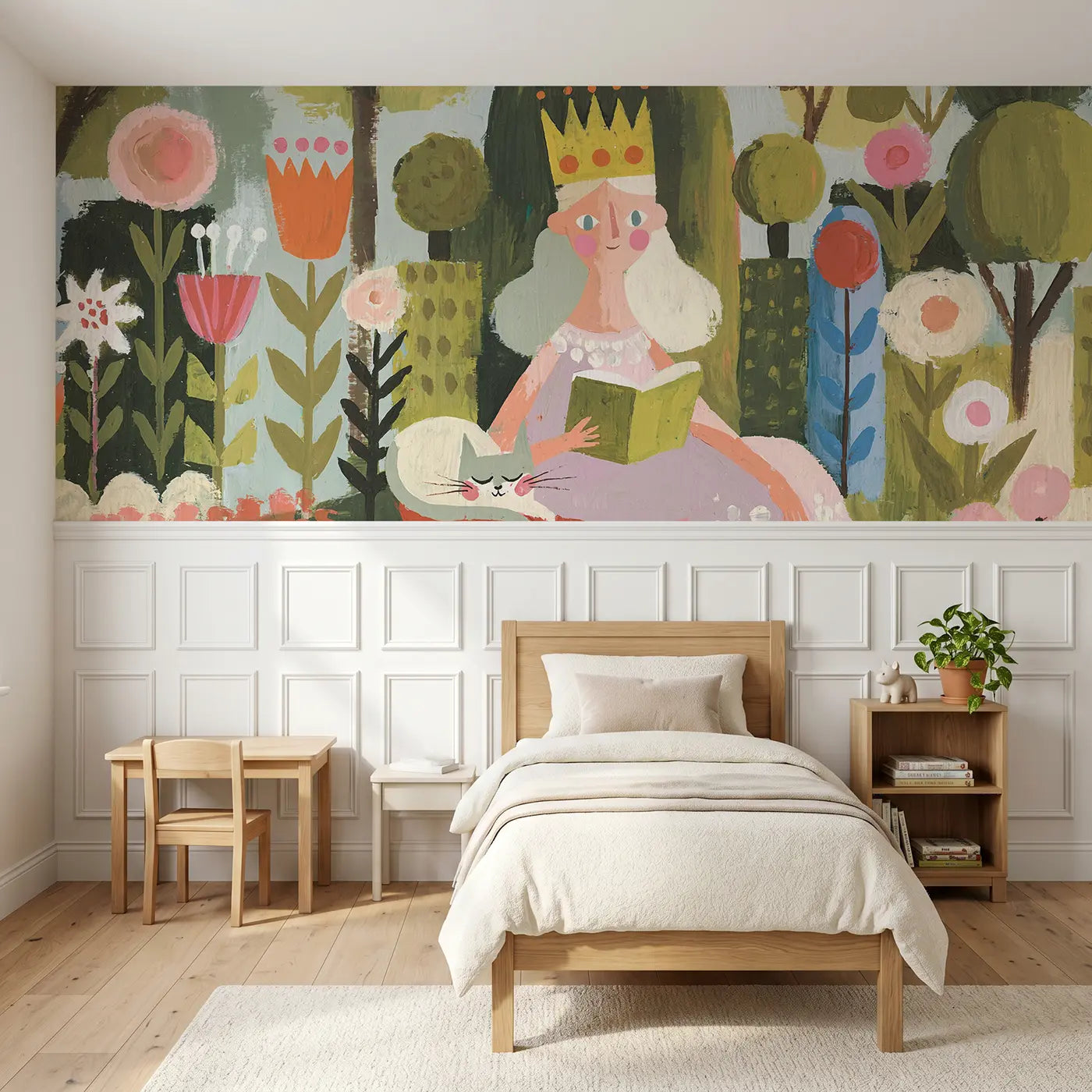 Modern Illustration princess garden cat wainscoting wallpaper for bedroom by Whimsy Tots