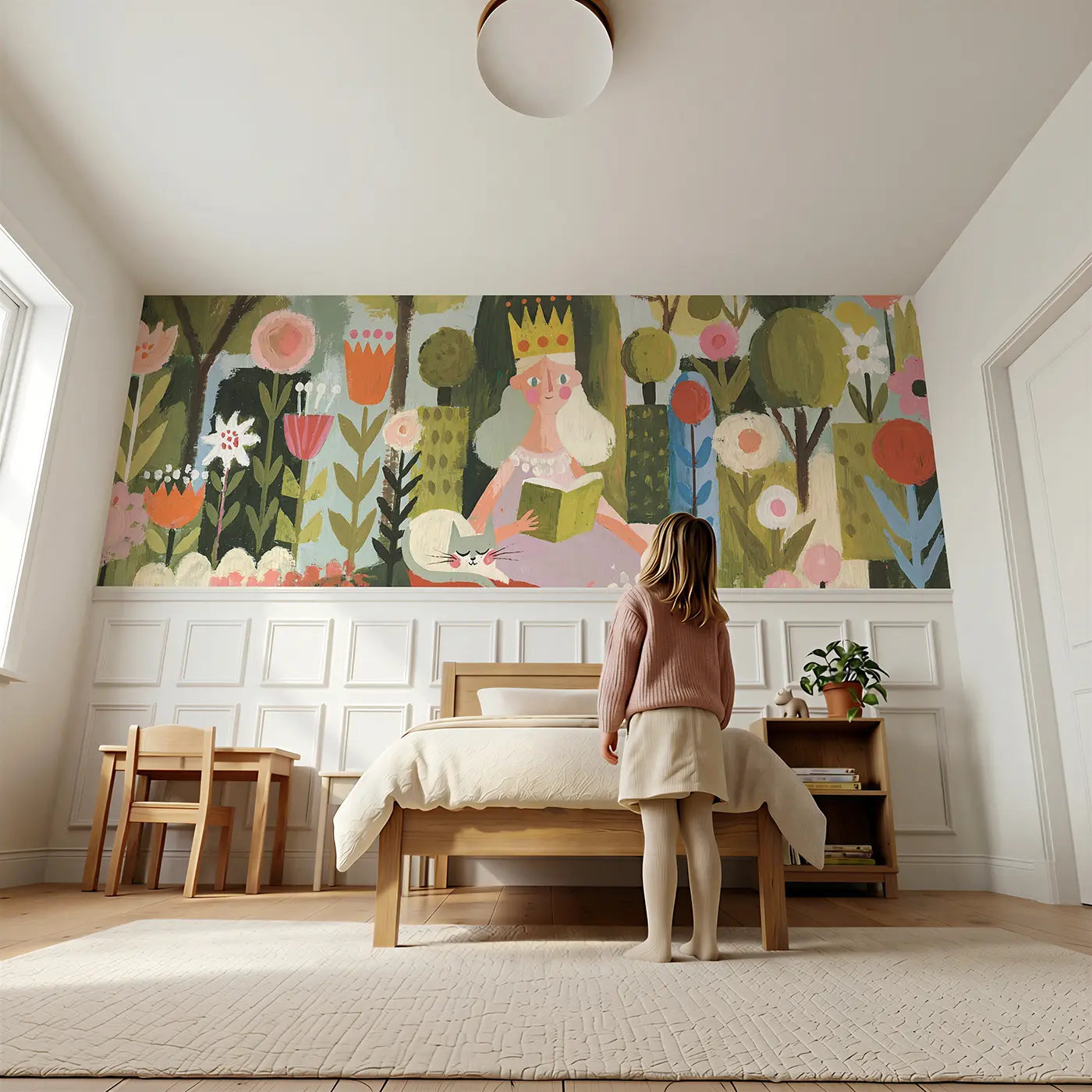 Child reading near Flat Princess Garden Cat Wainscoting Wallpaper by Whimsy Tots