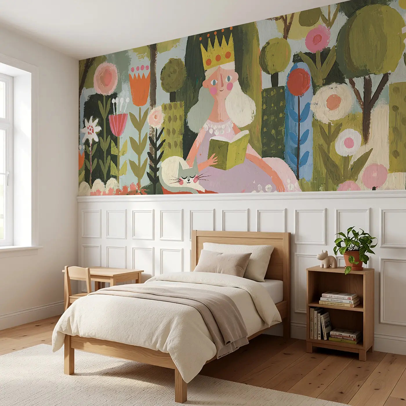 Flat Princess Garden Cat Wainscoting Wallpaper styled in a kids bedroom by Whimsy Tots
