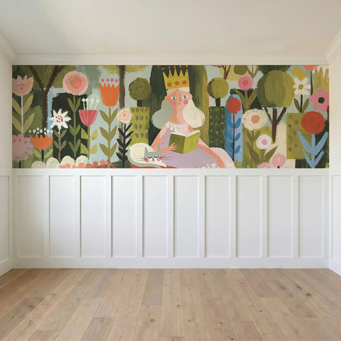 Full panel view of Flat Princess Garden Cat Wainscoting Wallpaper by Whimsy Tots