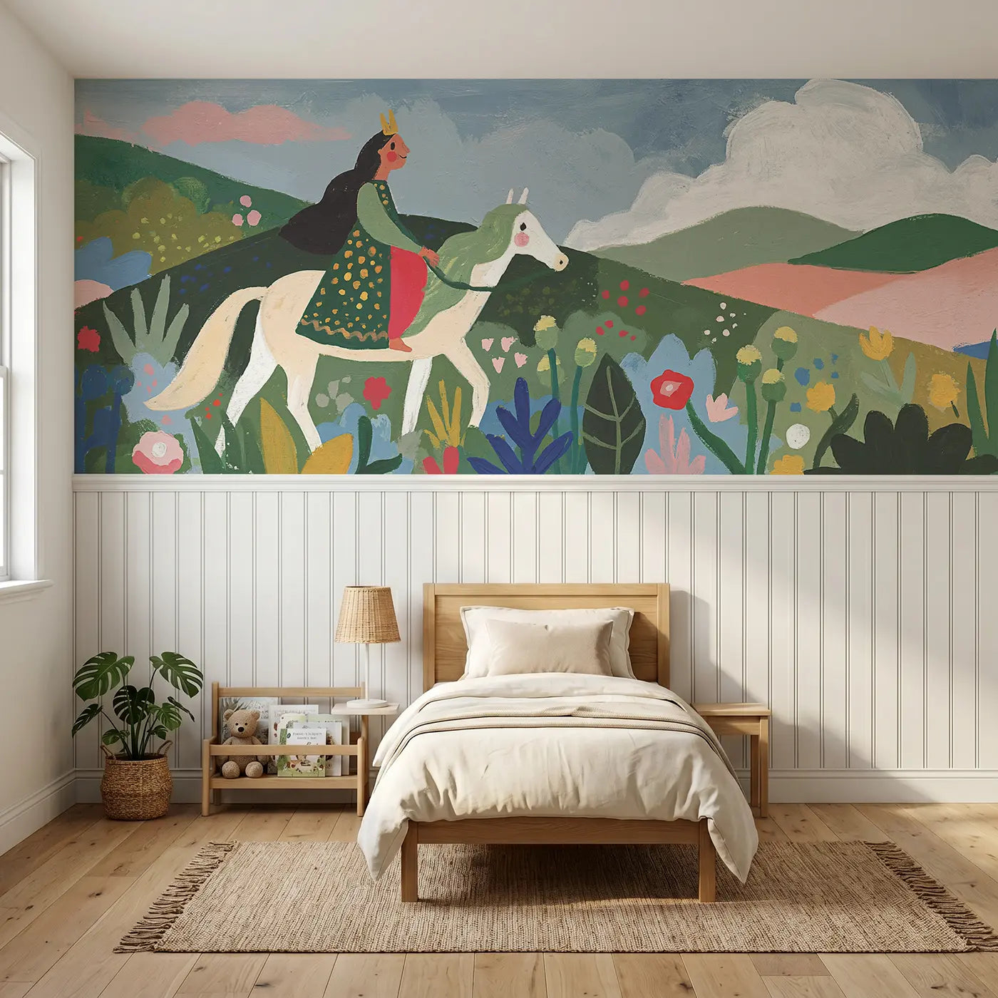 Modern Illustration princess horse ride wainscoting wallpaper for bedroom by Whimsy Tots