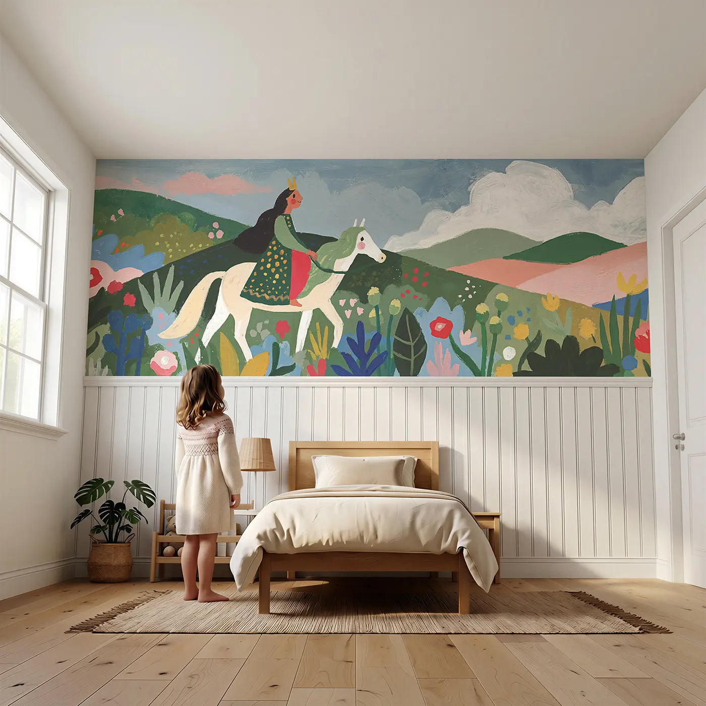 Child reading near Bold Princess Horse Ride Wainscoting Wallpaper by Whimsy Tots