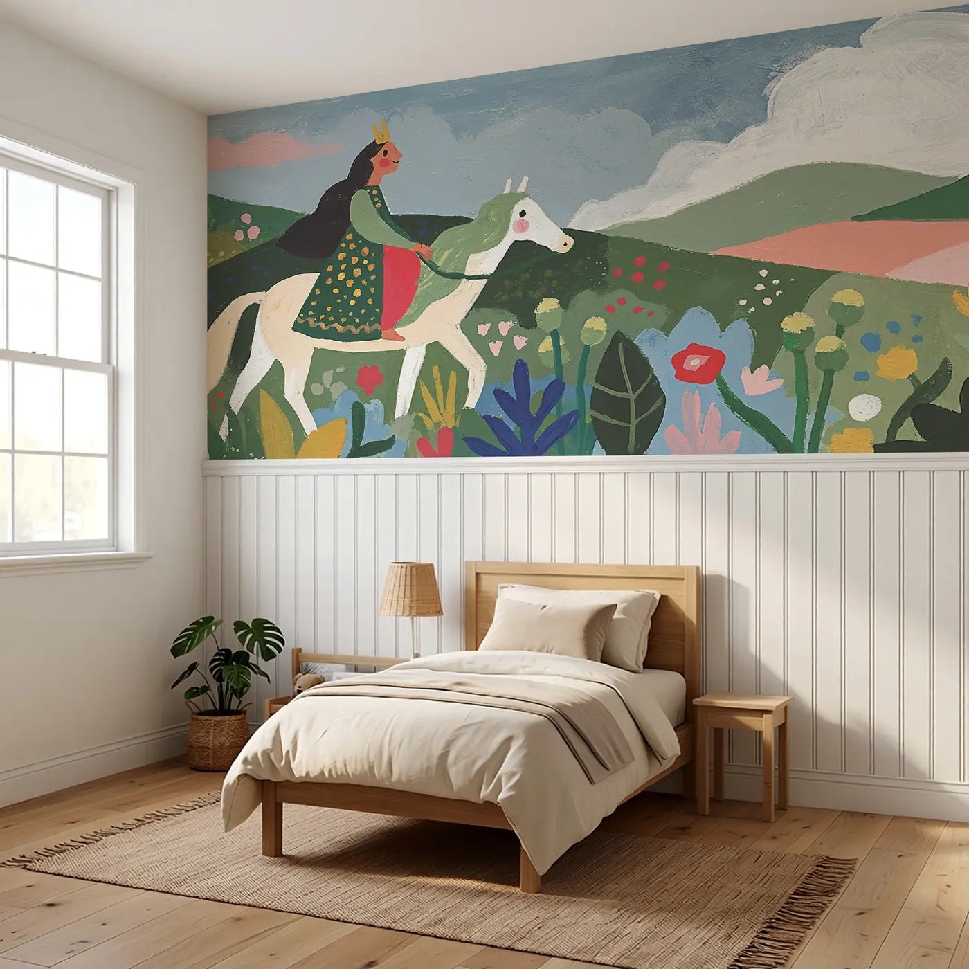 Bold Princess Horse Ride Wainscoting Wallpaper styled in a kids bedroom by Whimsy Tots