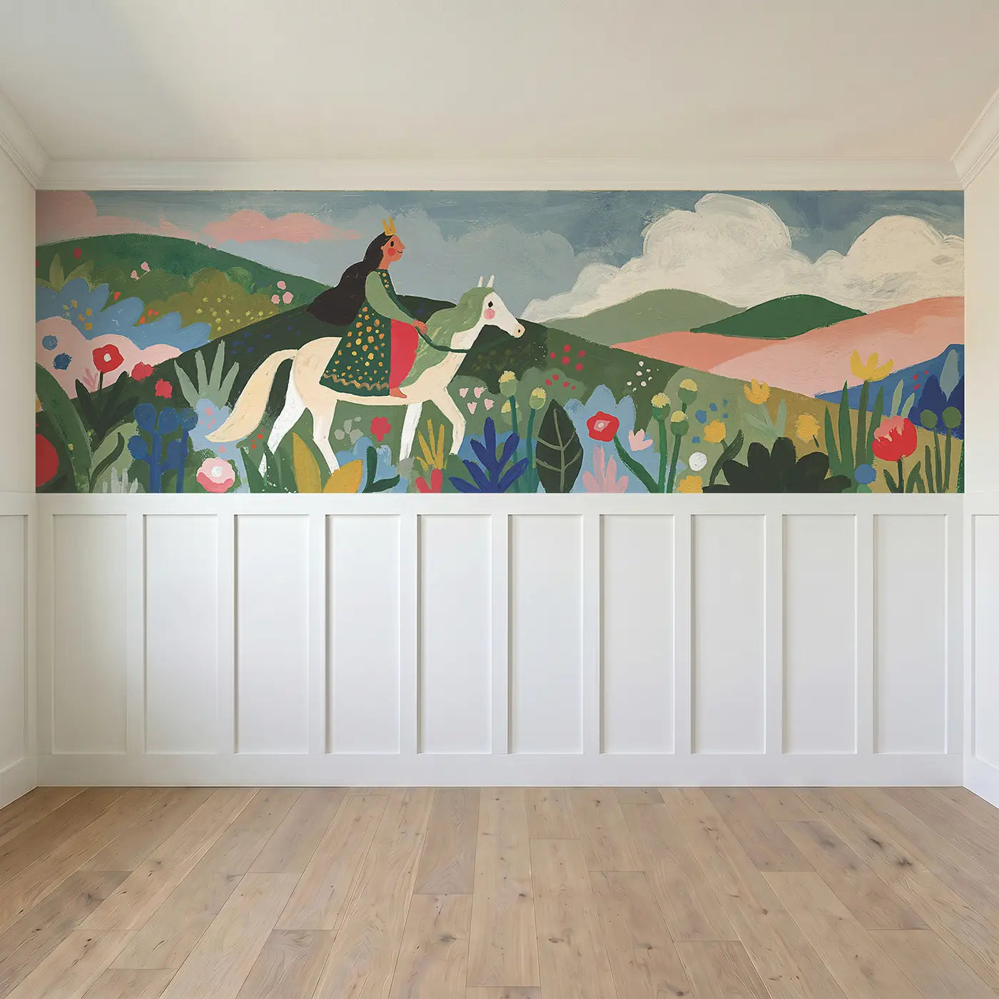 Full panel view of Bold Princess Horse Ride Wainscoting Wallpaper by Whimsy Tots