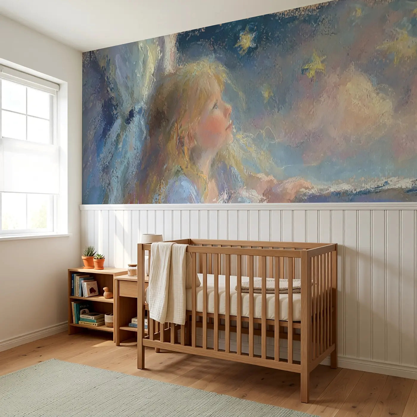 Chalk Princess Bedtime Star Wainscoting Wallpaper styled in a kids bedroom by Whimsy Tots
