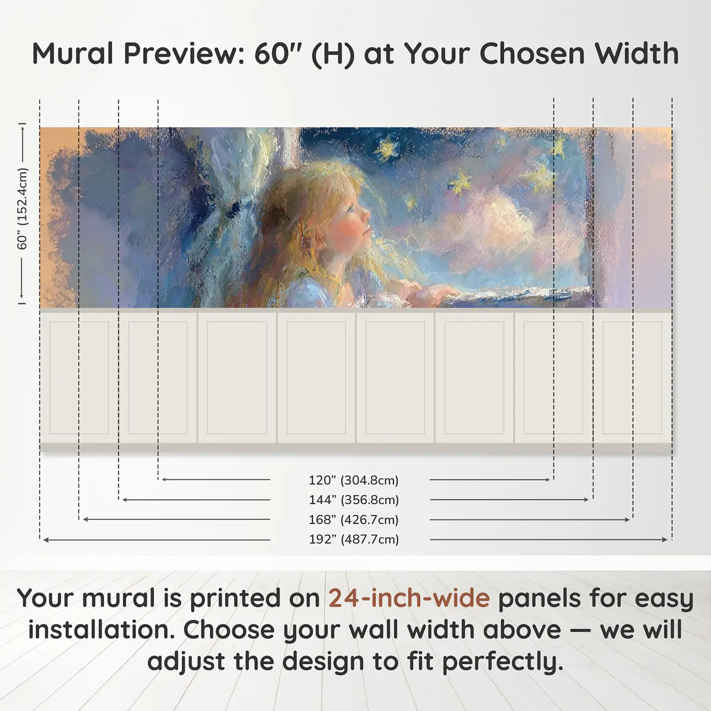 Panel dimensions for Chalk Princess Bedtime Star Wainscoting Wallpaper by Whimsy Tots