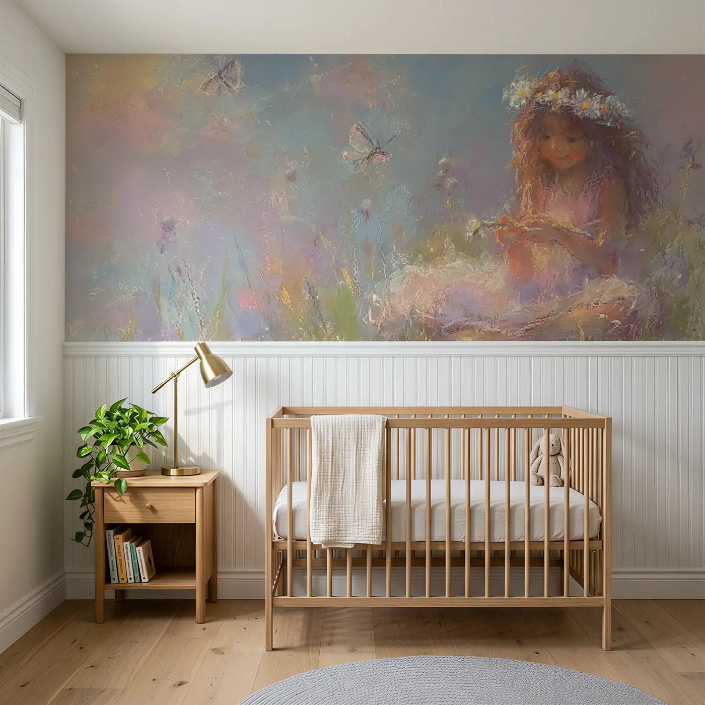 Soft Pastel princess flower crown make wainscoting wallpaper for nursery by Whimsy Tots