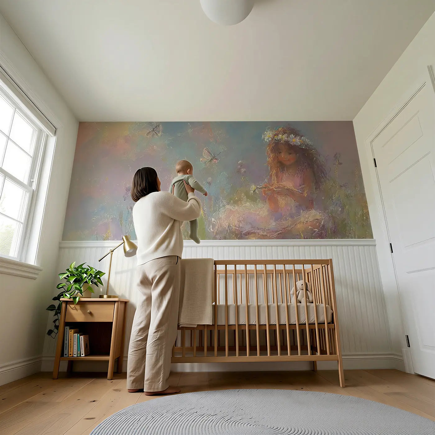 Child reading near Pastel Princess Flower Crown Make Wainscoting Wallpaper by Whimsy Tots