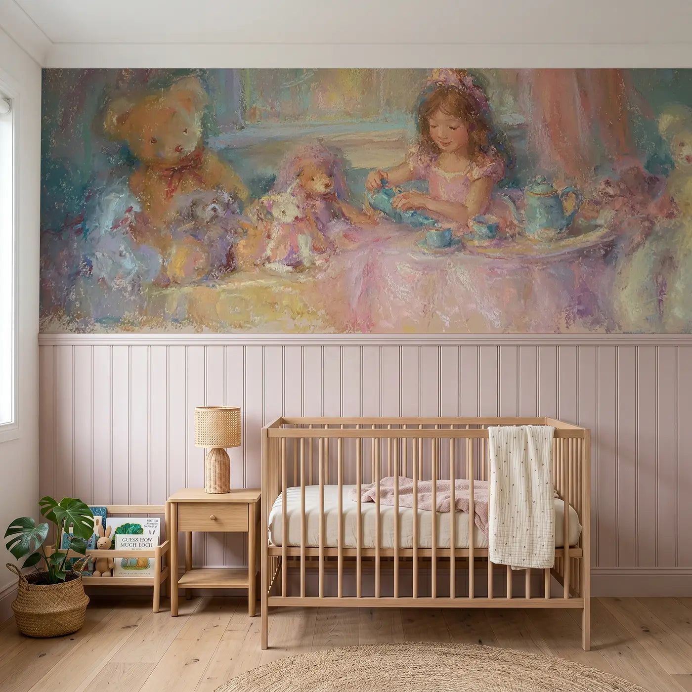Soft Pastel princess tea set playroom wainscoting wallpaper for nursery by Whimsy Tots