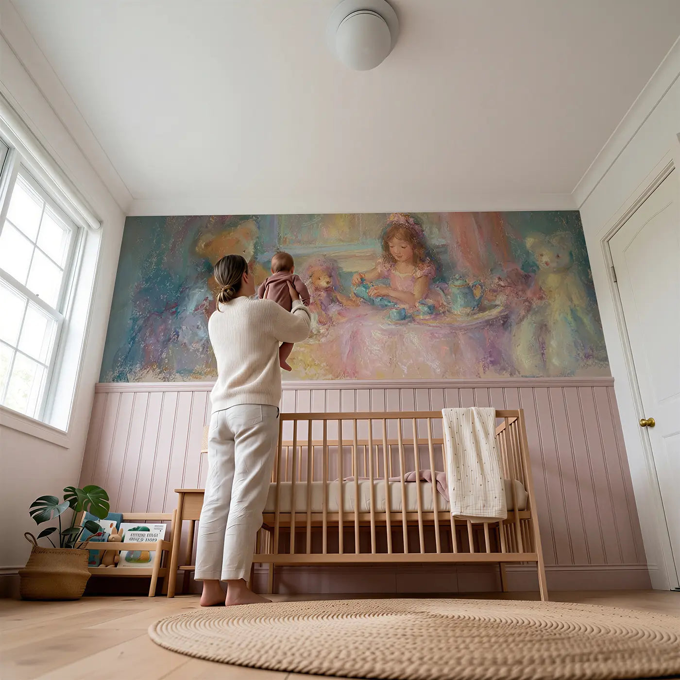 Child reading near Fuzzy Princess Tea Set Playroom Wainscoting Wallpaper by Whimsy Tots