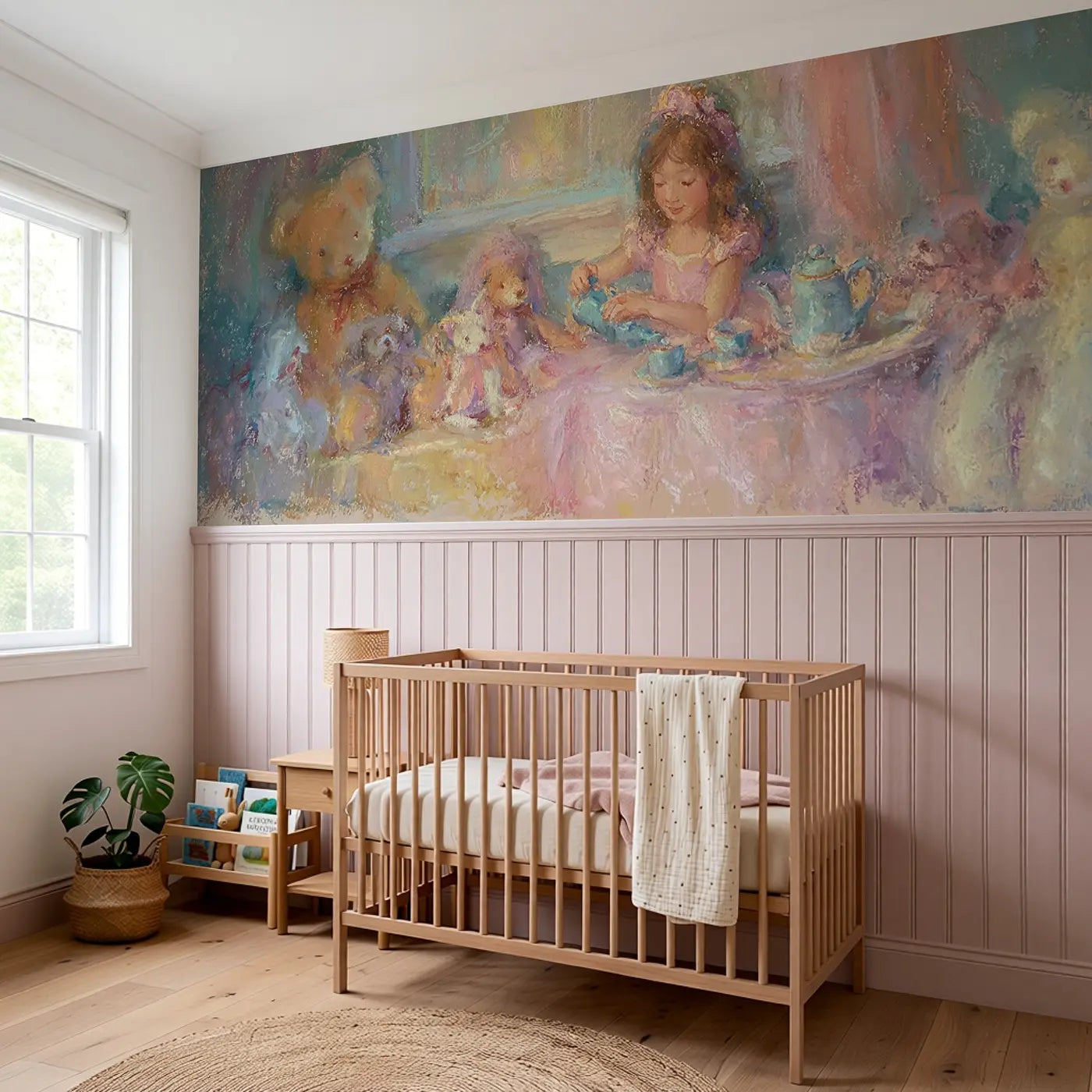 Fuzzy Princess Tea Set Playroom Wainscoting Wallpaper styled in a kids bedroom by Whimsy Tots