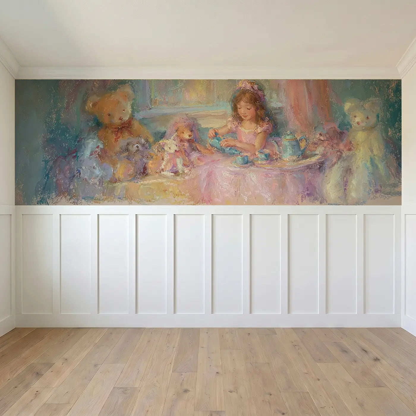 Full panel view of Fuzzy Princess Tea Set Playroom Wainscoting Wallpaper by Whimsy Tots