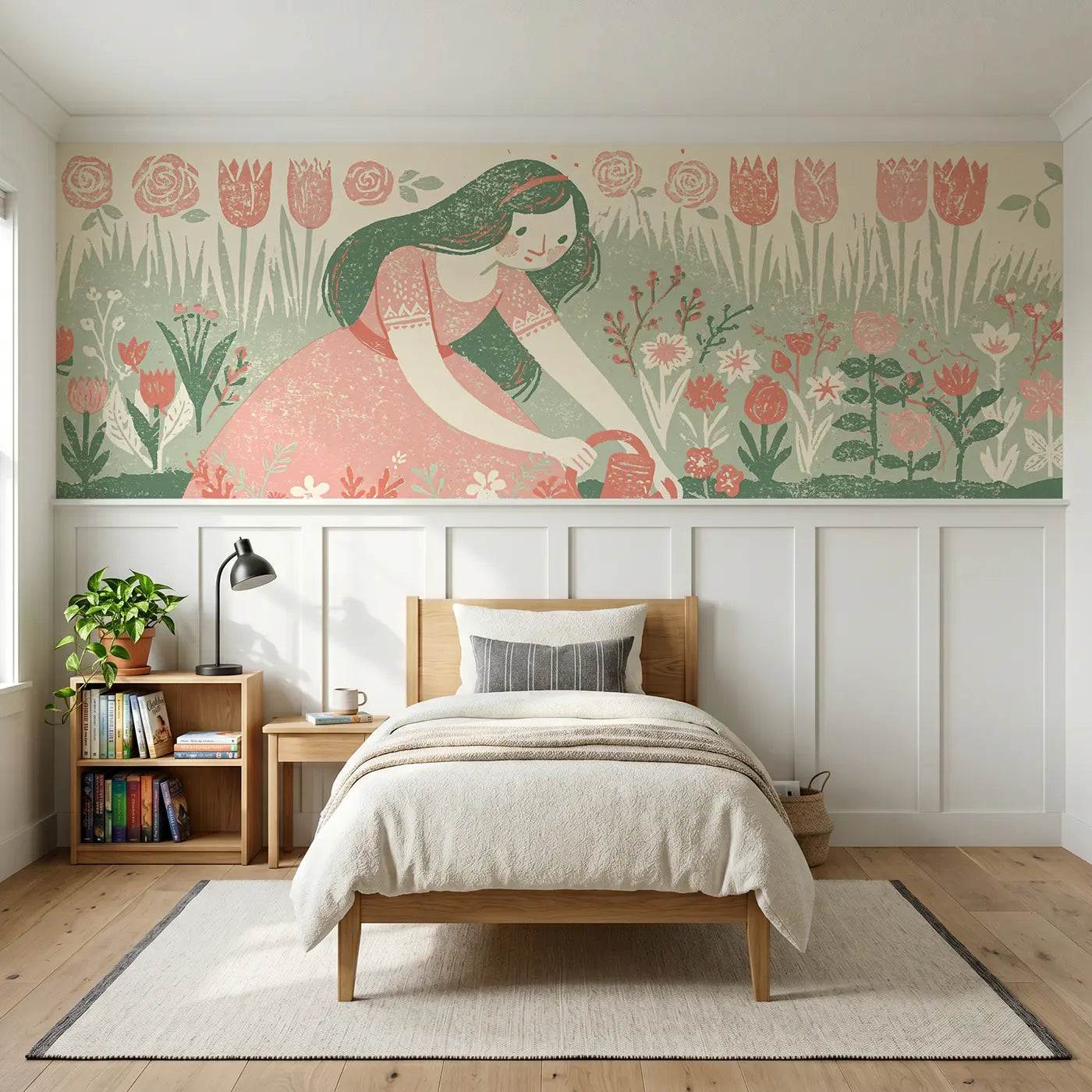 Block Print princess garden border wainscoting wallpaper for bedroom by Whimsy Tots