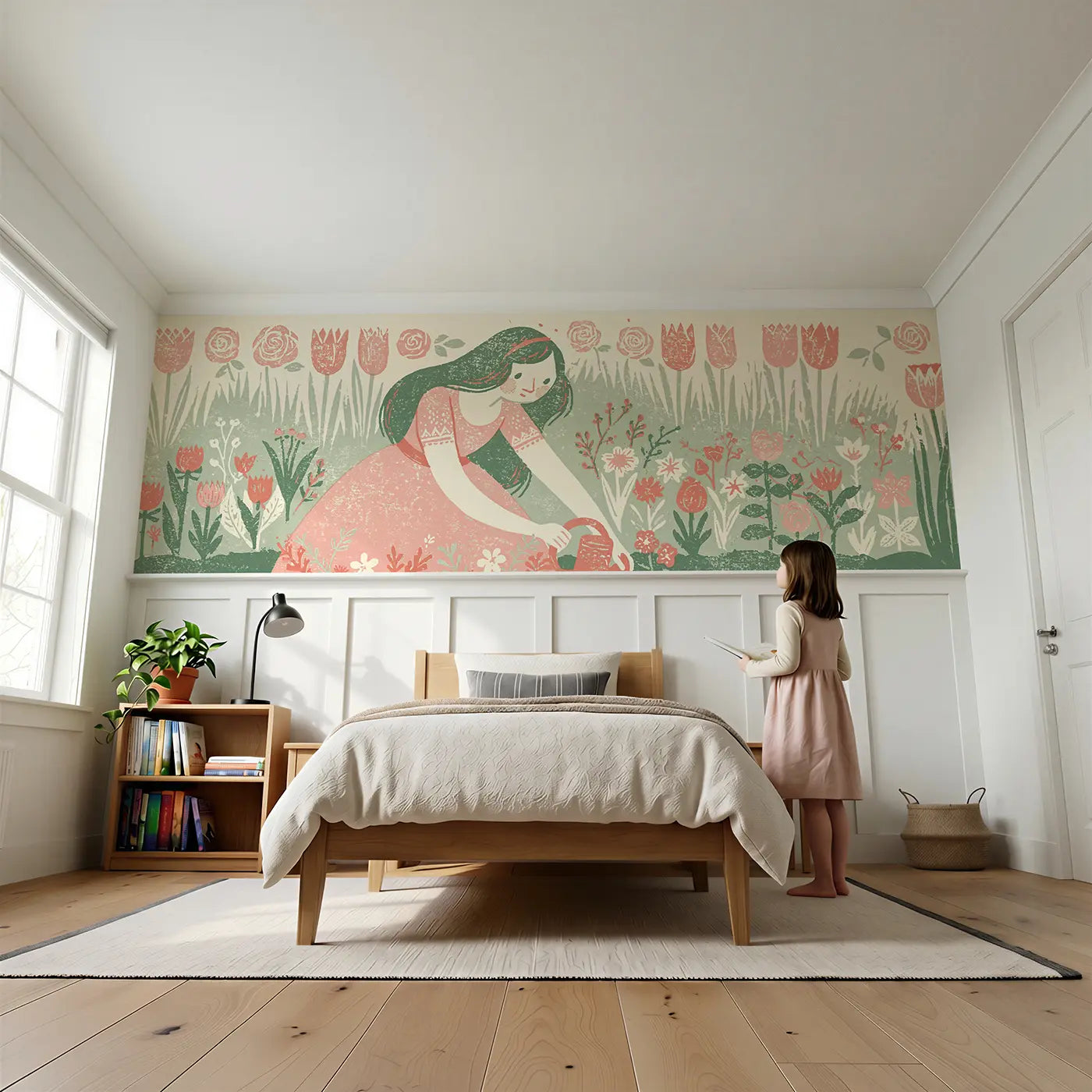 Child reading near Carved Princess Garden Border Wainscoting Wallpaper by Whimsy Tots