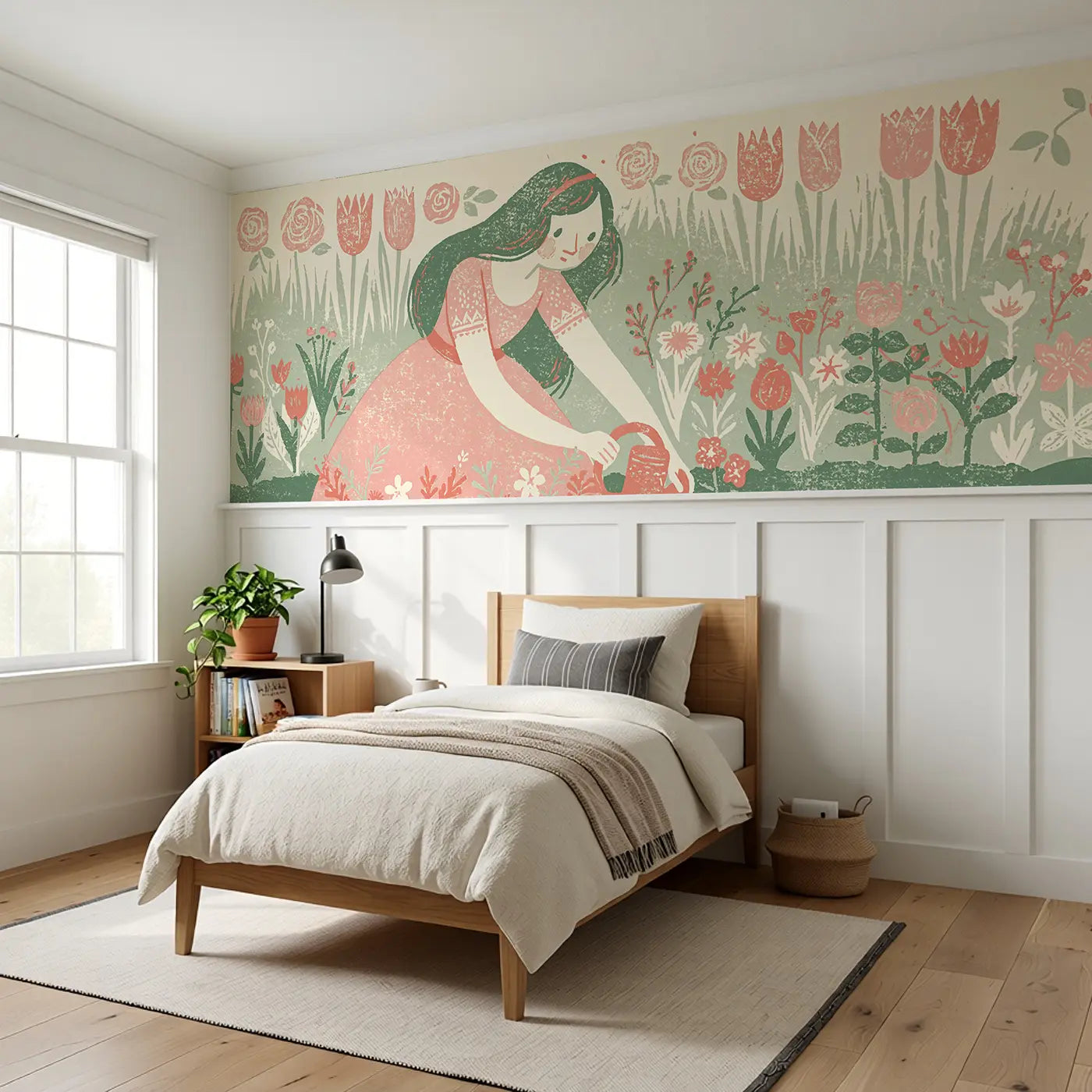 Carved Princess Garden Border Wainscoting Wallpaper styled in a kids bedroom by Whimsy Tots