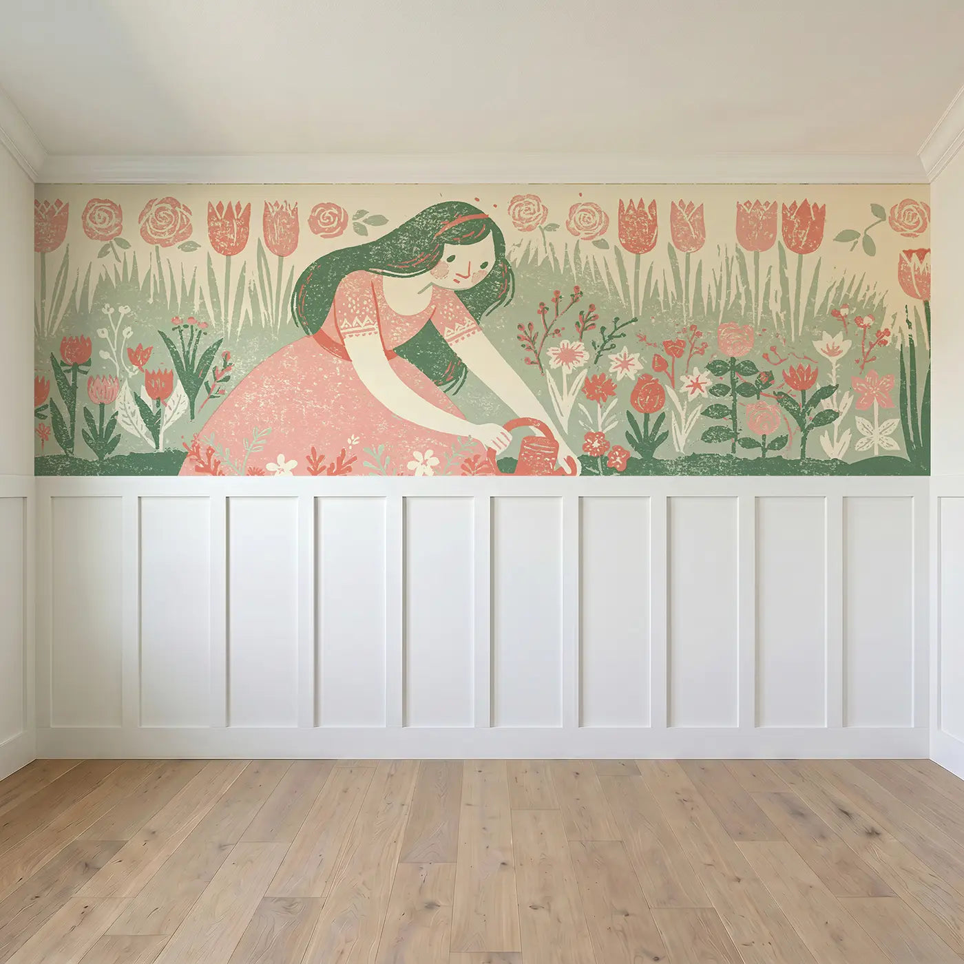 Full panel view of Carved Princess Garden Border Wainscoting Wallpaper by Whimsy Tots