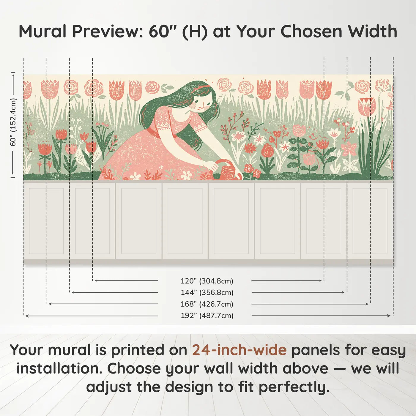 Panel dimensions for Carved Princess Garden Border Wainscoting Wallpaper by Whimsy Tots
