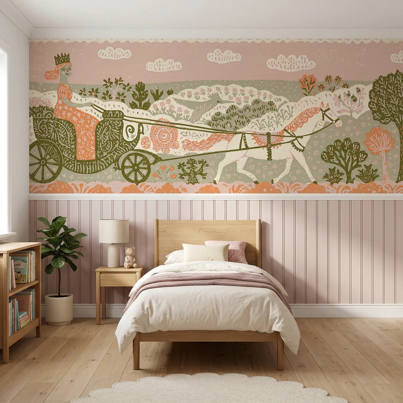 Block Print princess carriage ride wainscoting wallpaper for bedroom by Whimsy Tots