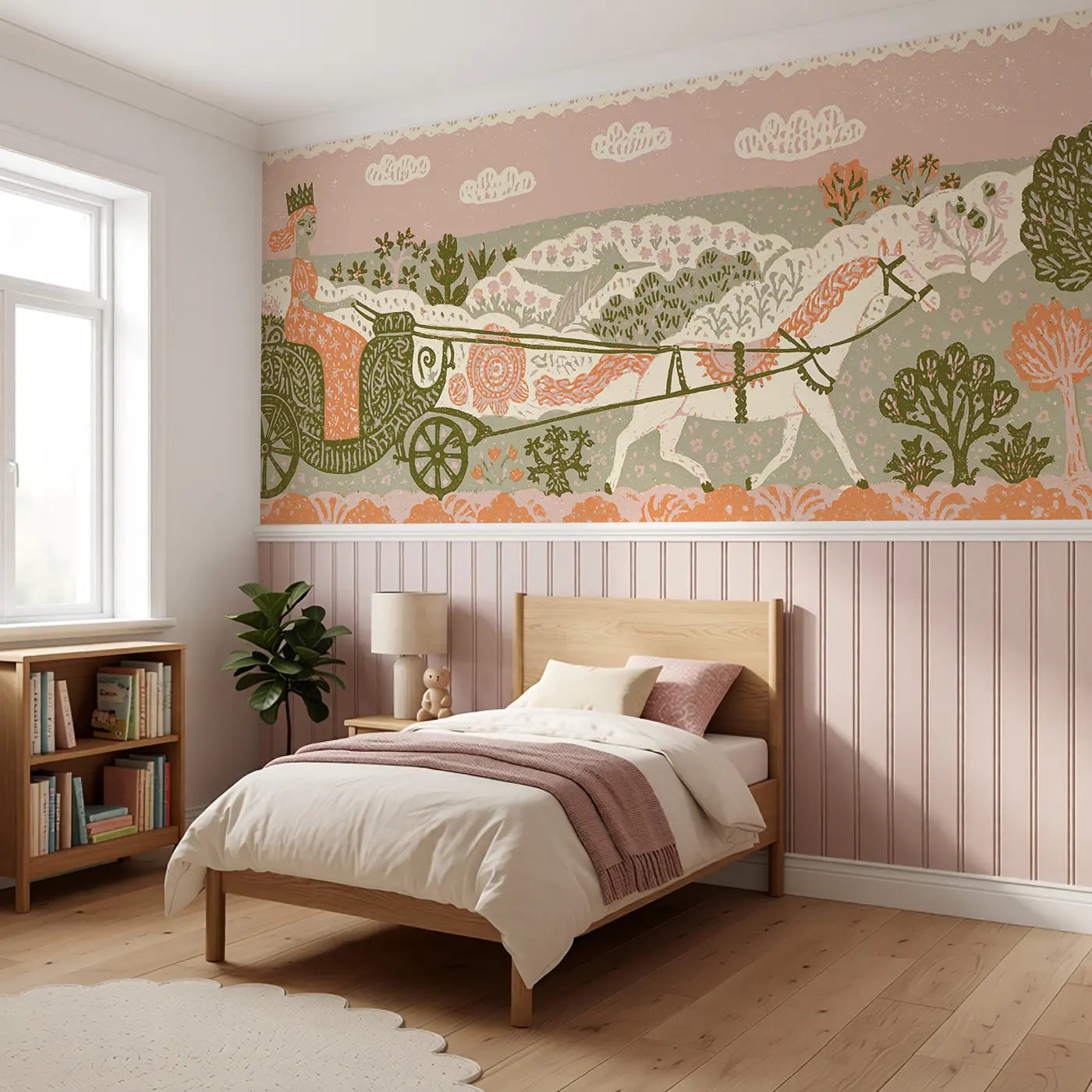 Block Print Princess Carriage Ride Wainscoting Wallpaper styled in a kids bedroom by Whimsy Tots