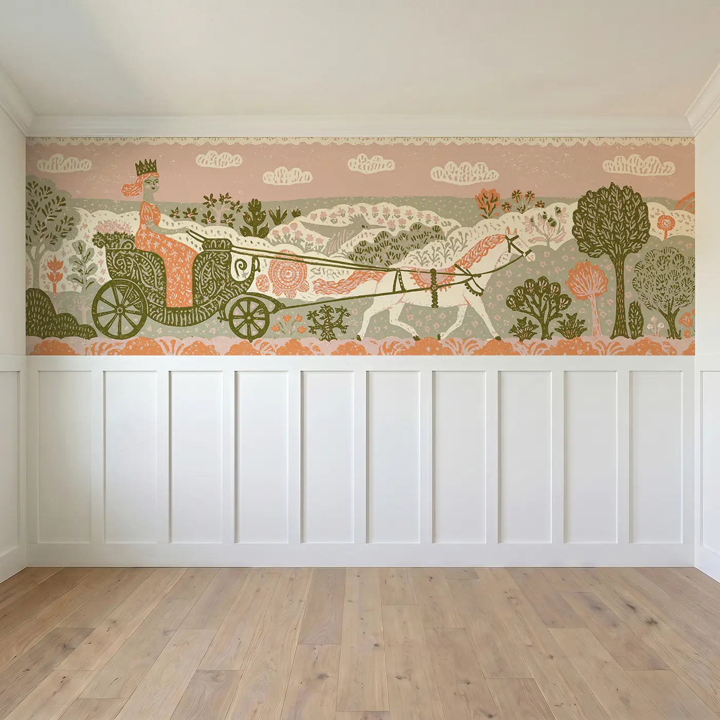 Full panel view of Block Print Princess Carriage Ride Wainscoting Wallpaper by Whimsy Tots