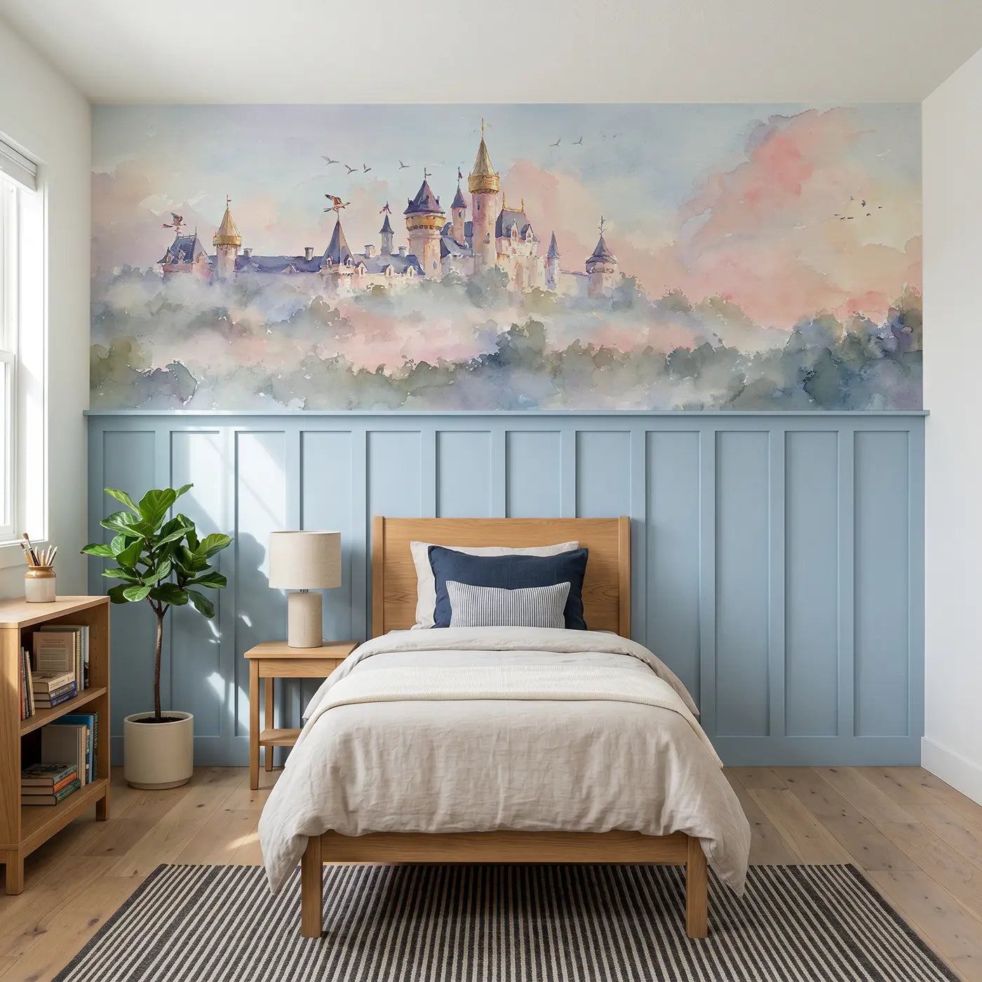 Watercolor castle morning mist rising wainscoting wallpaper for bedroom by Whimsy Tots