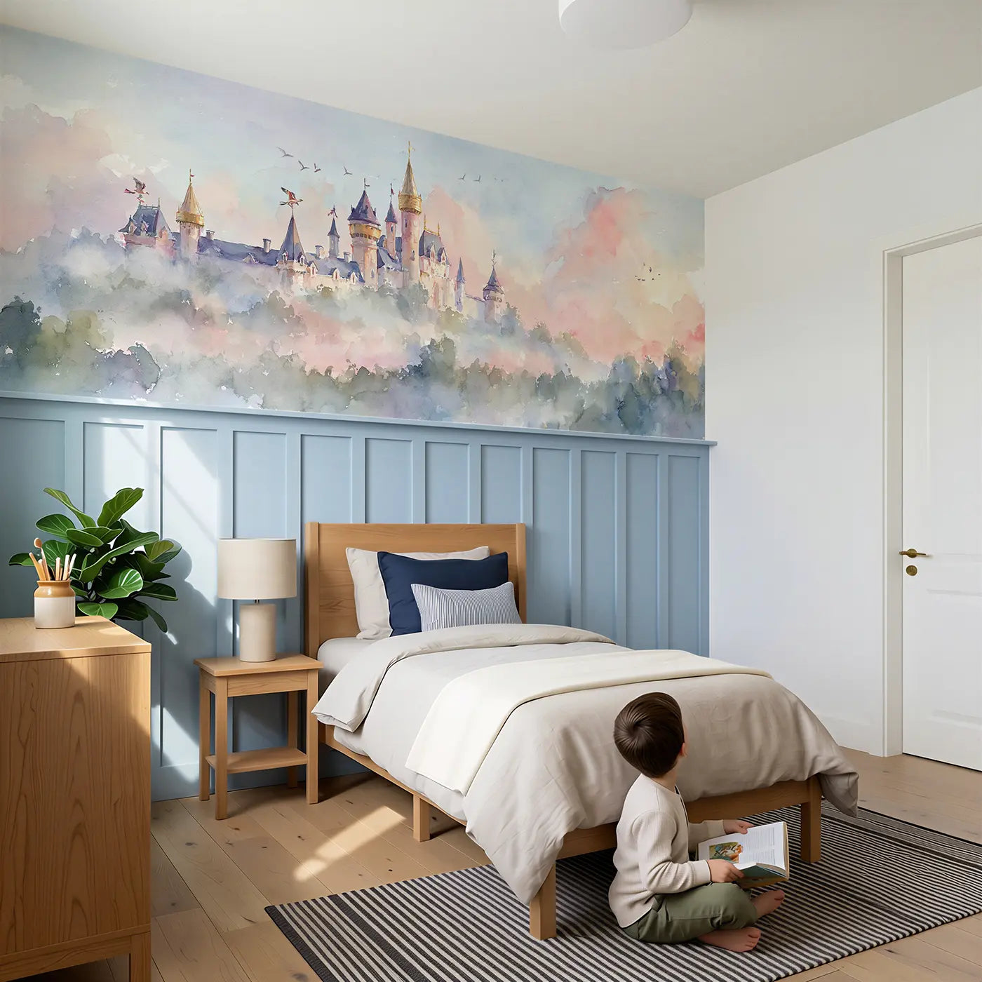 Child reading near Castle Morning Mist Rising Wainscoting Wallpaper by Whimsy Tots