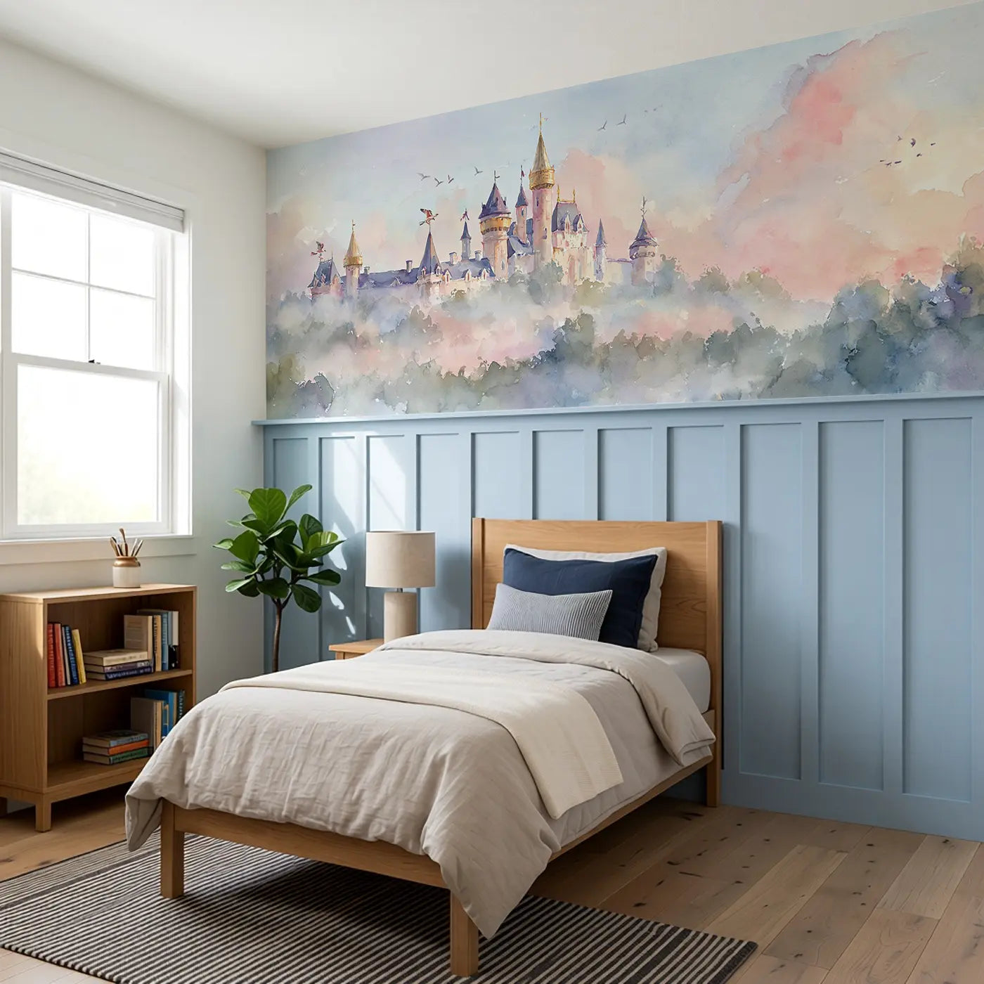 Castle Morning Mist Rising Wainscoting Wallpaper styled in a kids bedroom by Whimsy Tots