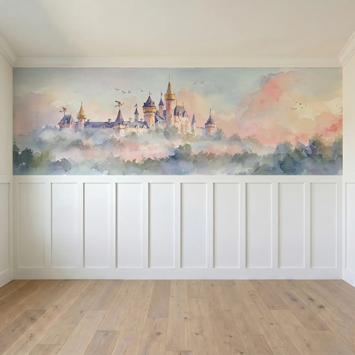Full panel view of Castle Morning Mist Rising Wainscoting Wallpaper by Whimsy Tots