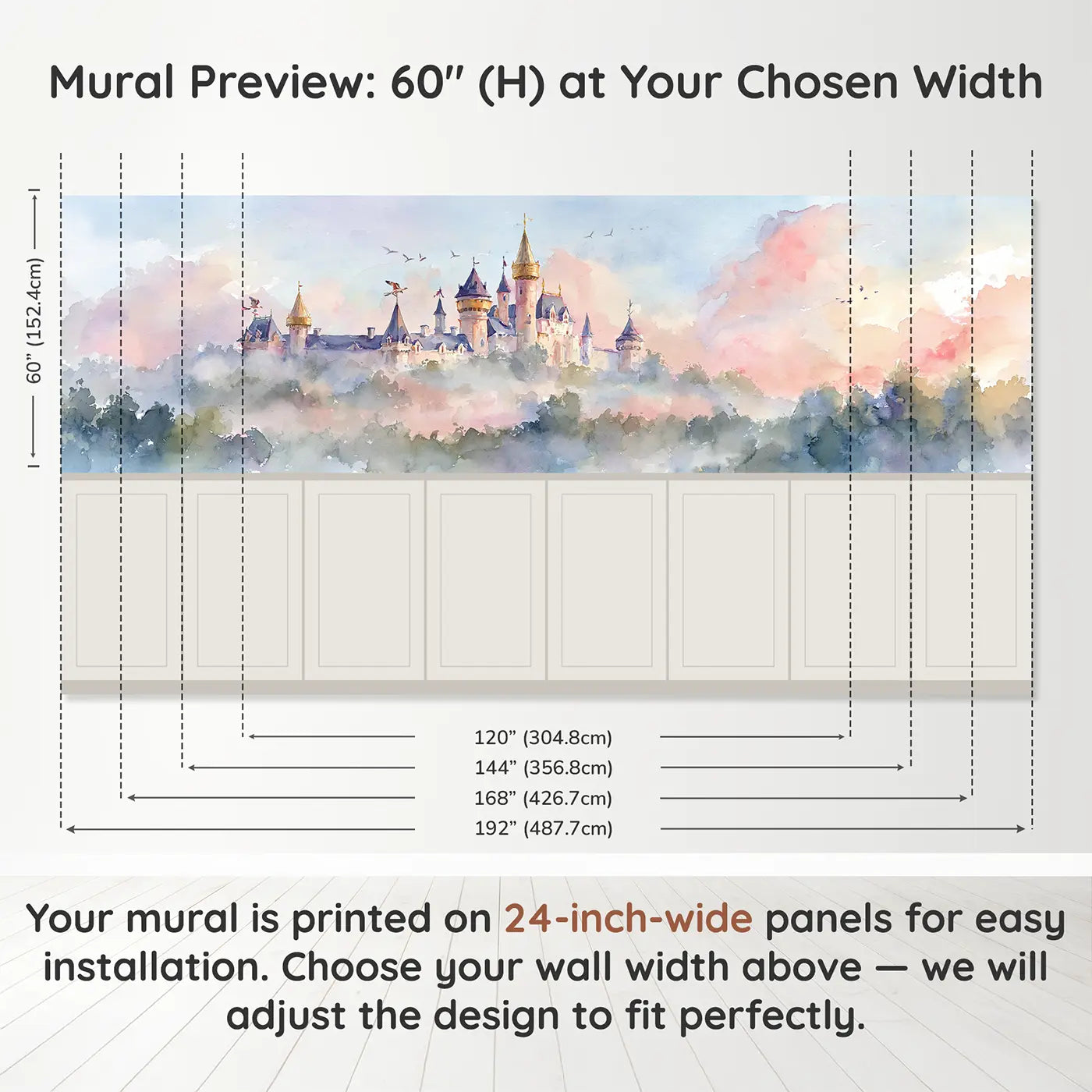 Panel dimensions for Castle Morning Mist Rising Wainscoting Wallpaper by Whimsy Tots