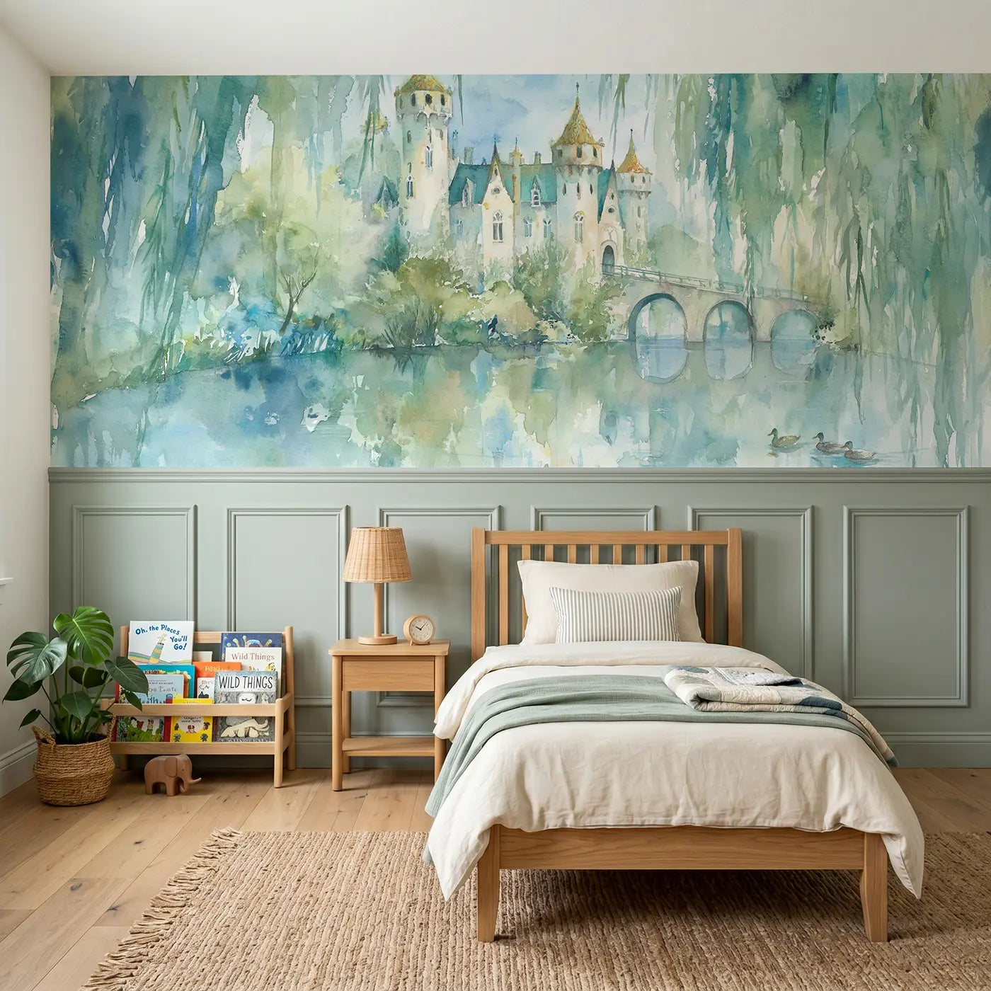 Watercolor castle drawbridge pond reflection wainscoting wallpaper for bedroom by Whimsy Tots