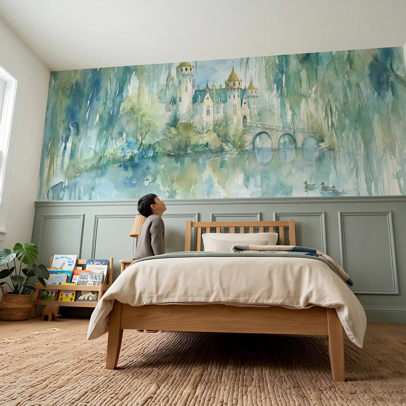 Child reading near Castle Drawbridge Pond Reflection Wainscoting Wallpaper by Whimsy Tots