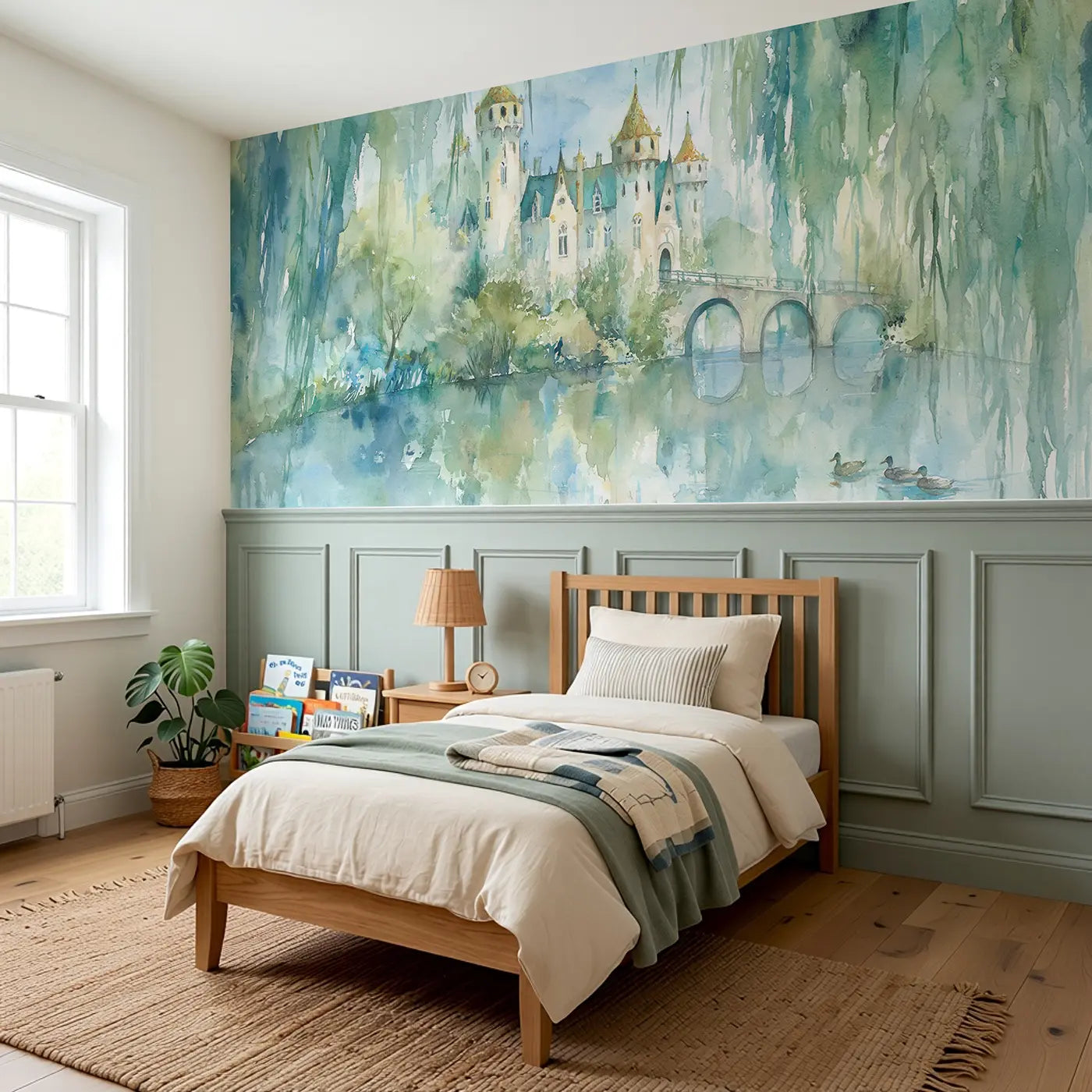 Castle Drawbridge Pond Reflection Wainscoting Wallpaper styled in a kids bedroom by Whimsy Tots