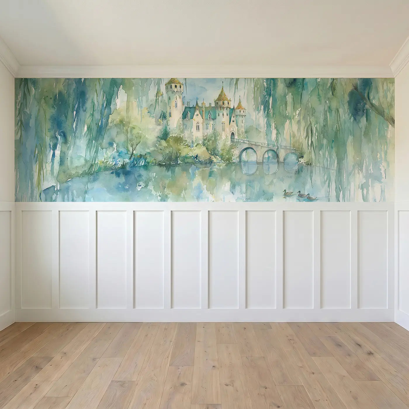 Full panel view of Castle Drawbridge Pond Reflection Wainscoting Wallpaper by Whimsy Tots