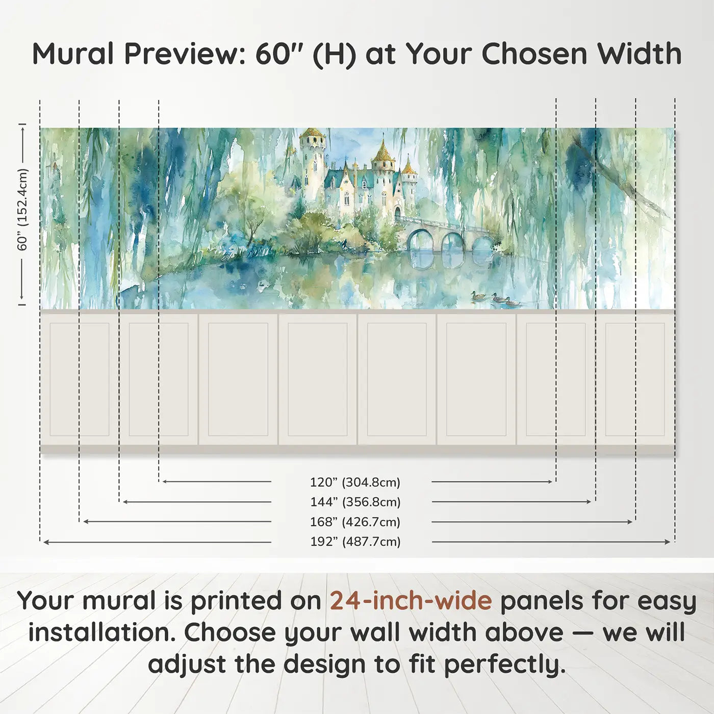 Panel dimensions for Castle Drawbridge Pond Reflection Wainscoting Wallpaper by Whimsy Tots