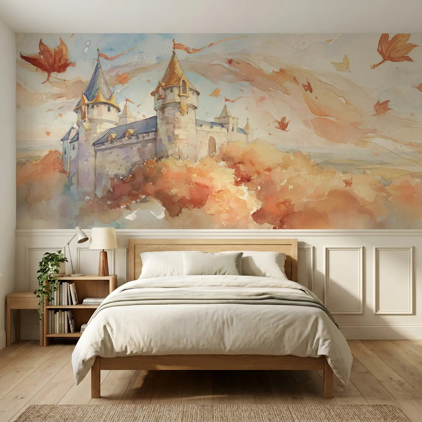 Watercolor castle autumn hilltop view wainscoting wallpaper for bedroom by Whimsy Tots