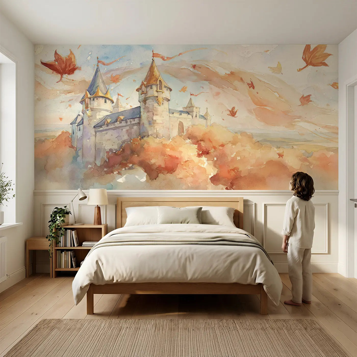 Child reading near Castle Autumn Hilltop View Wainscoting Wallpaper by Whimsy Tots