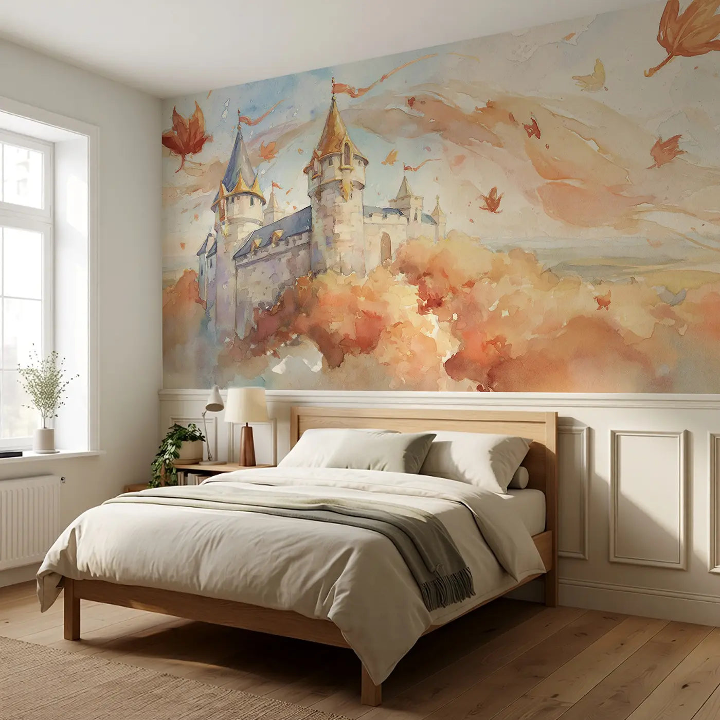 Castle Autumn Hilltop View Wainscoting Wallpaper styled in a kids bedroom by Whimsy Tots