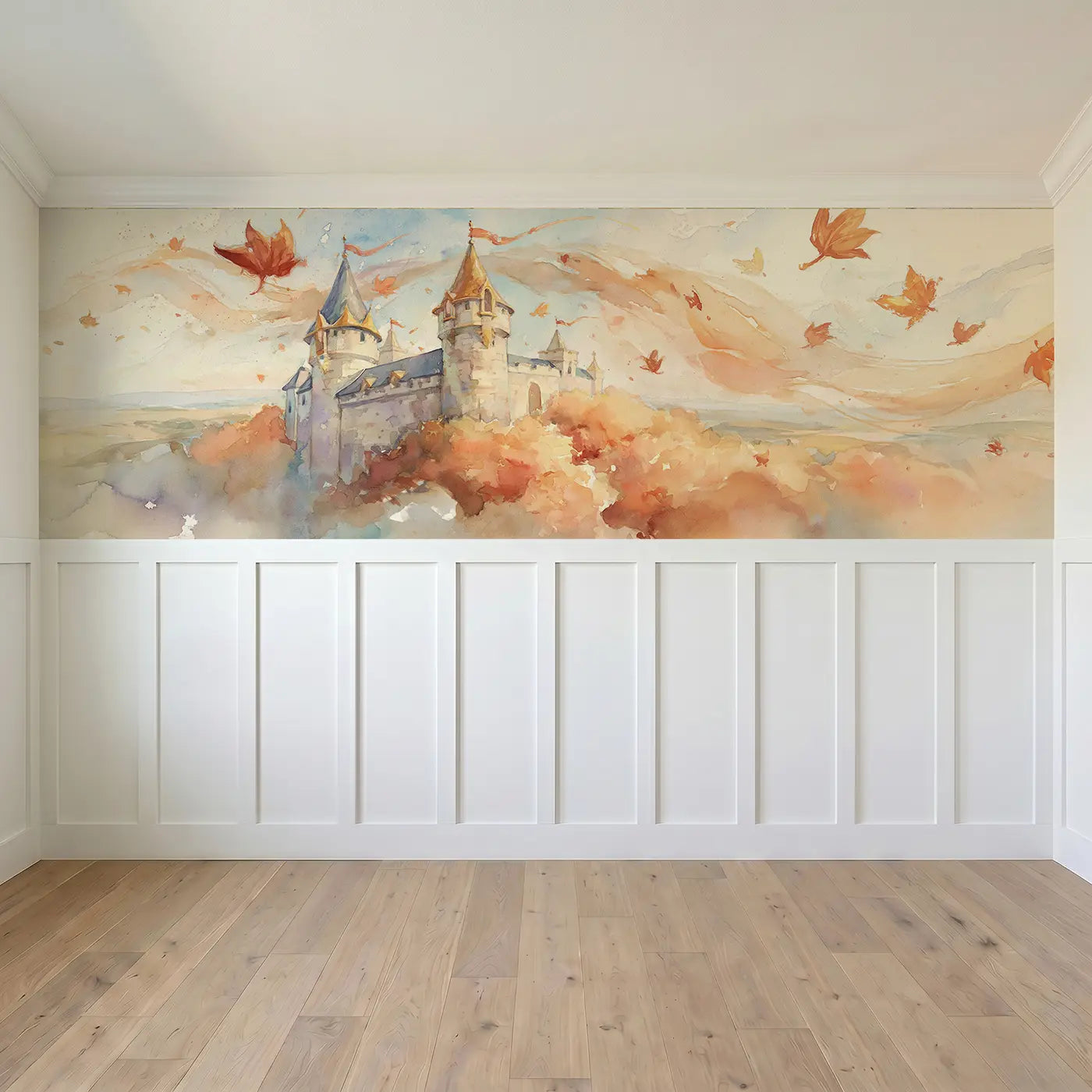 Full panel view of Castle Autumn Hilltop View Wainscoting Wallpaper by Whimsy Tots