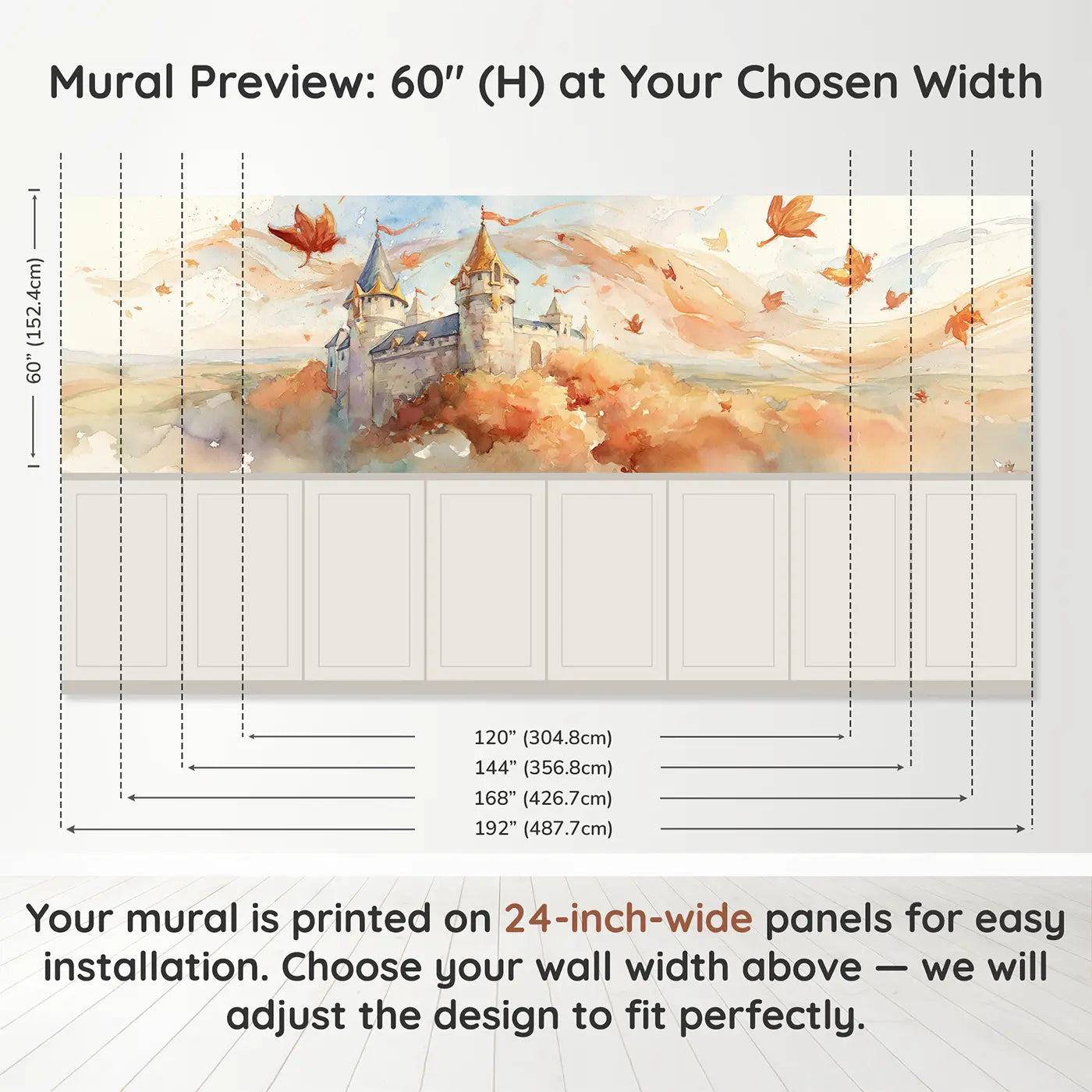 Panel dimensions for Castle Autumn Hilltop View Wainscoting Wallpaper by Whimsy Tots