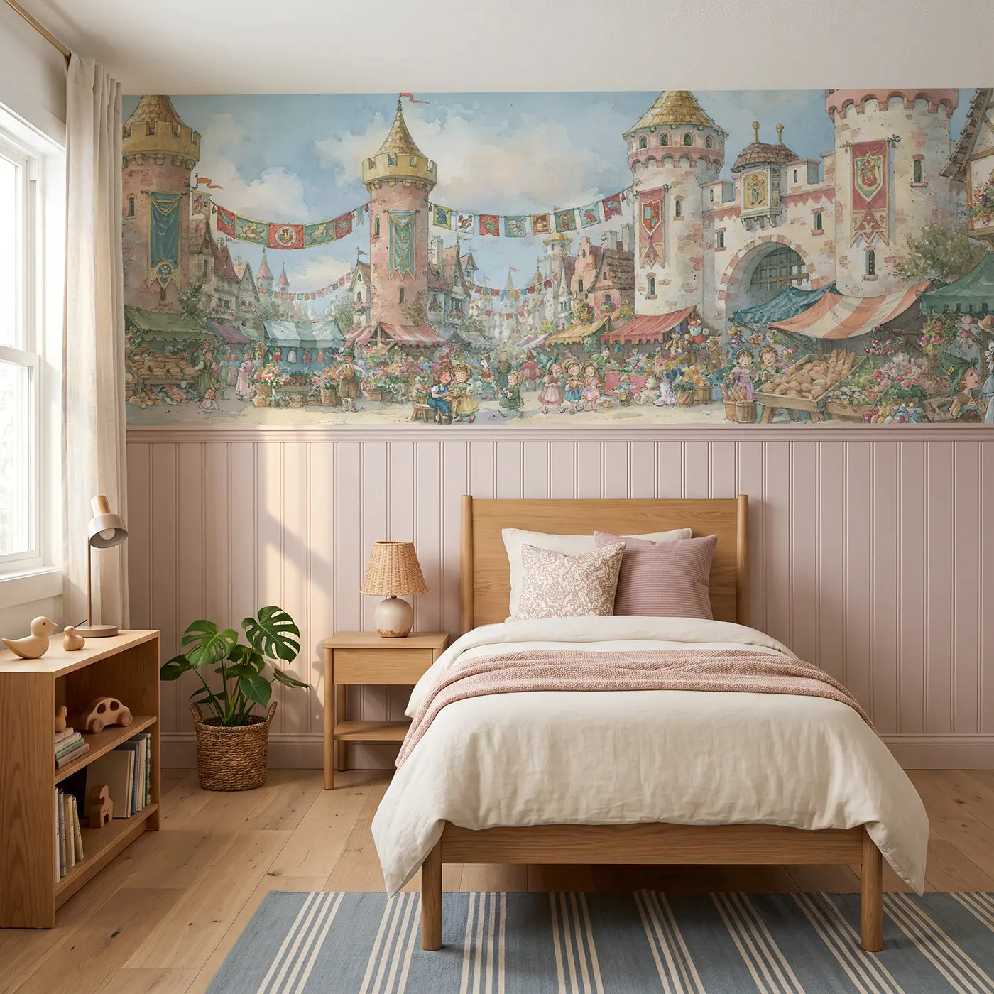 Storybook castle marketplace banner day wainscoting wallpaper for bedroom by Whimsy Tots