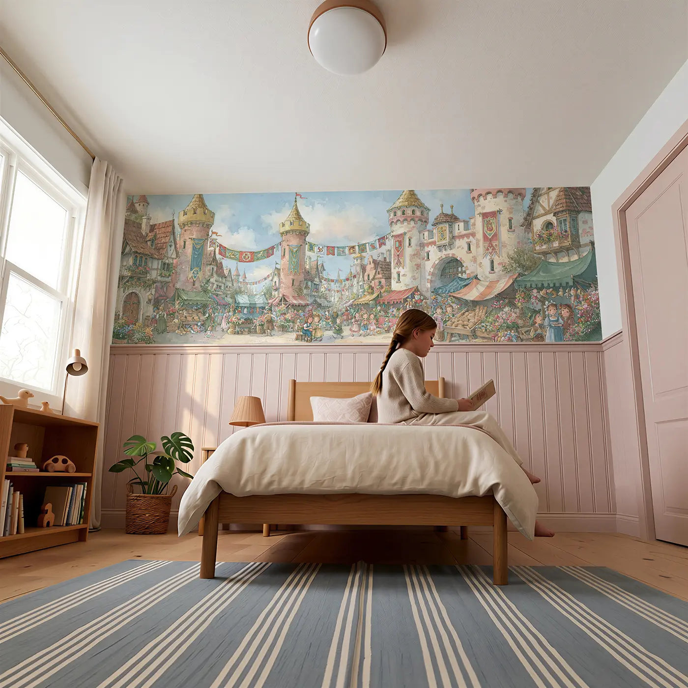Child reading near Castle Marketplace Banner Day Wainscoting Wallpaper by Whimsy Tots