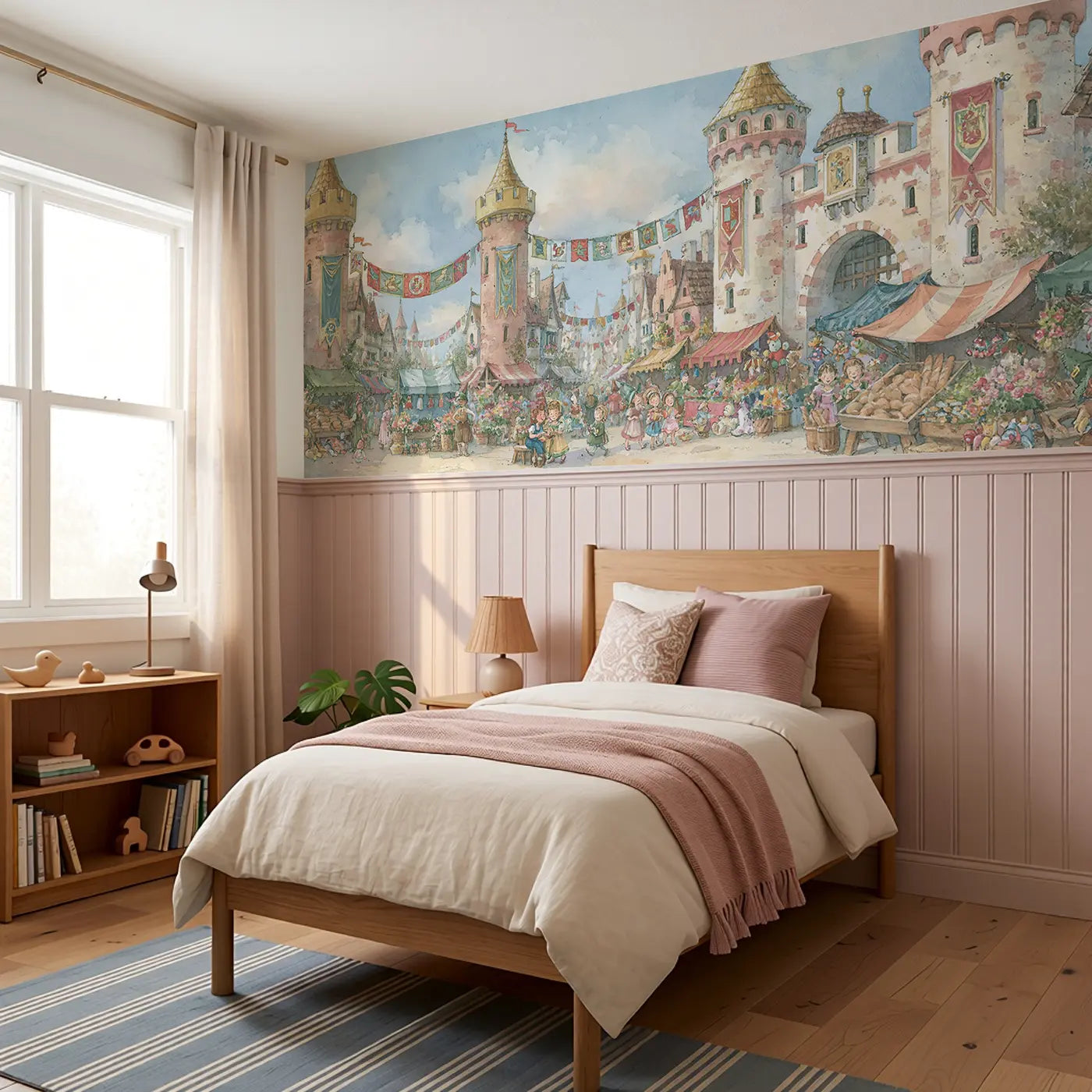 Castle Marketplace Banner Day Wainscoting Wallpaper styled in a kids bedroom by Whimsy Tots
